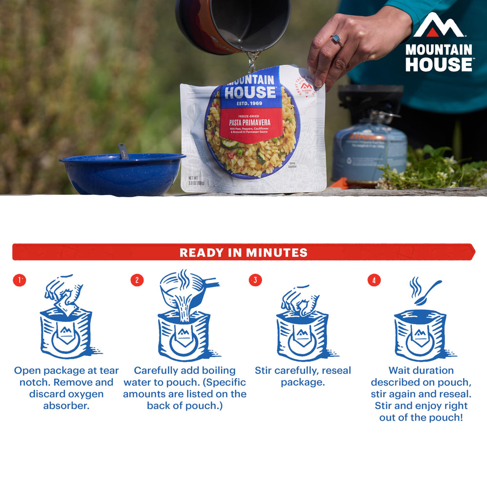 Mountain House pouch next to water bottle showing compact size benefit