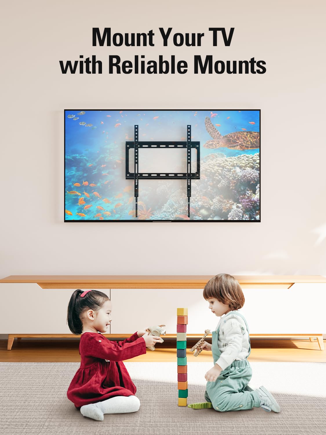 Mounting Dream scale comparison showing fit for 26–60 inch TVs and sizing help