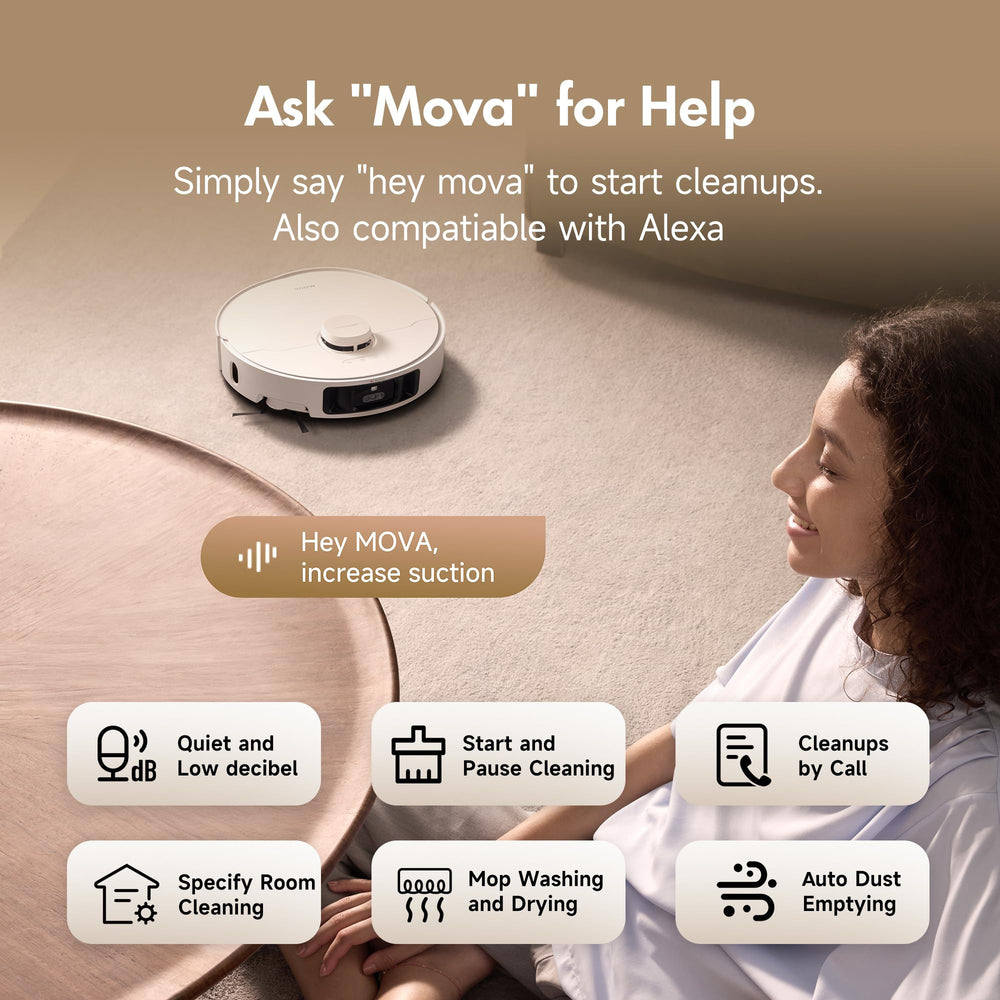 MOVA robotic vacuum with pet owner on video call demonstrating pet monitoring