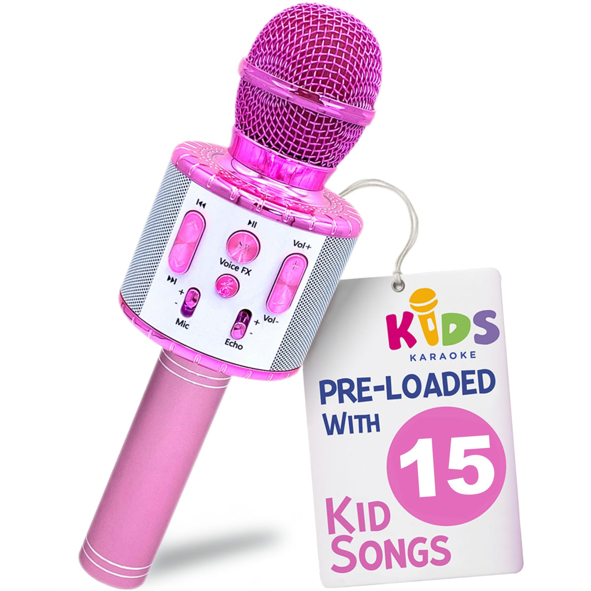 Move2Play front view microphone showing controls and benefits for singing