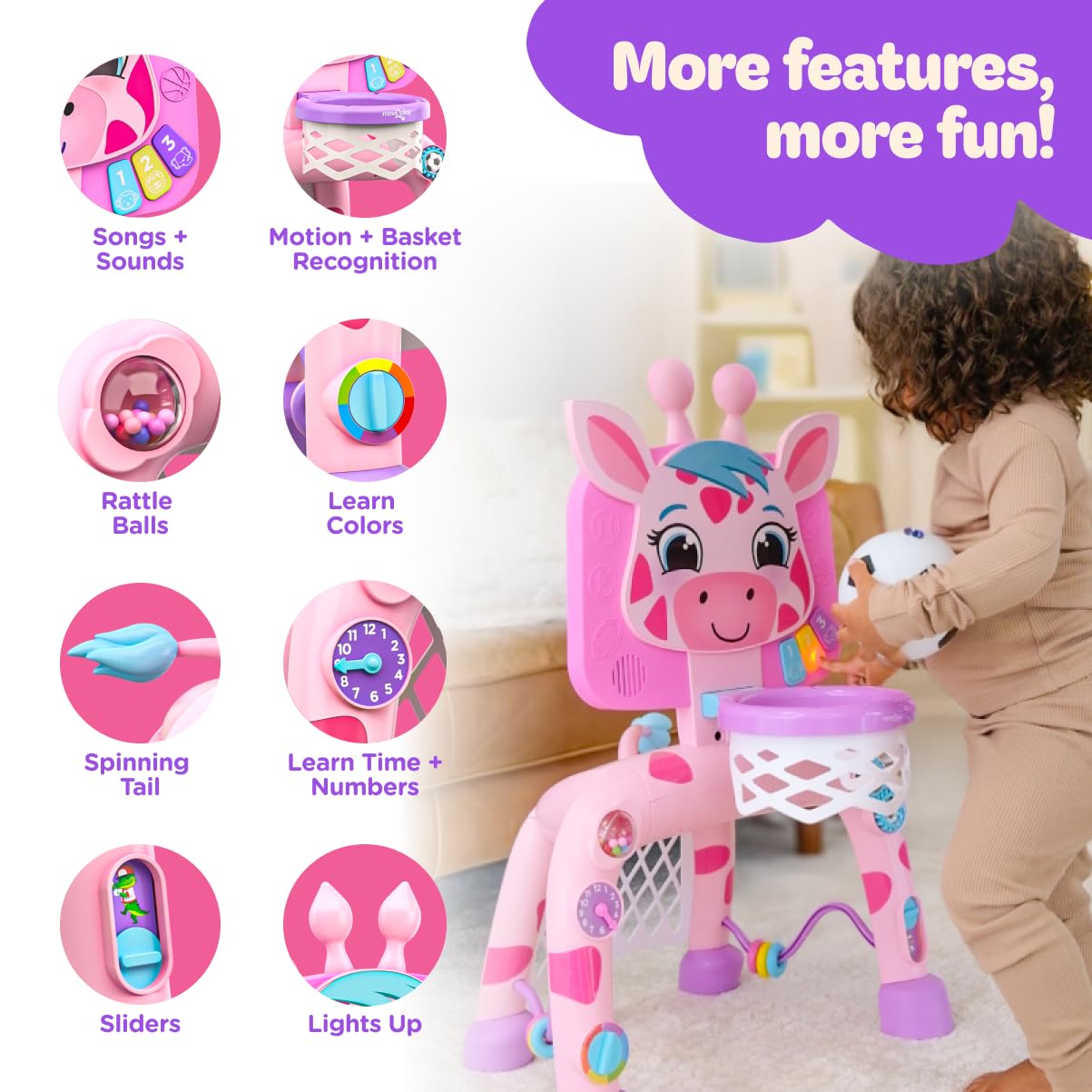 Move2Play giraffe next to toddler showing size and safe height