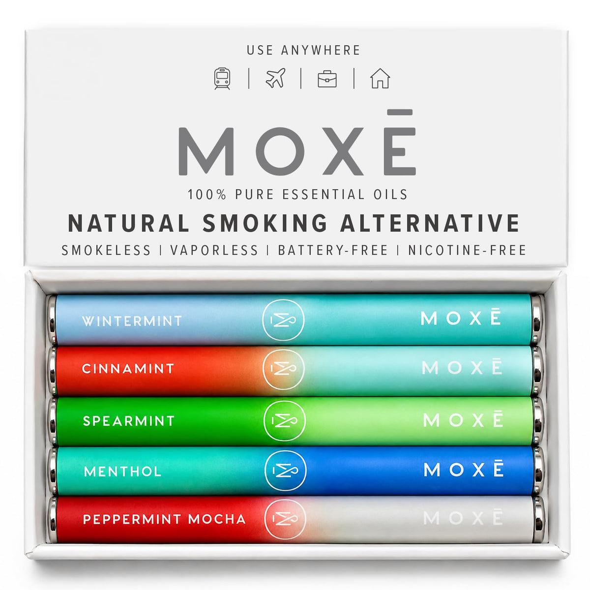 MOXE inhaler front packaging showing product and compact design benefit