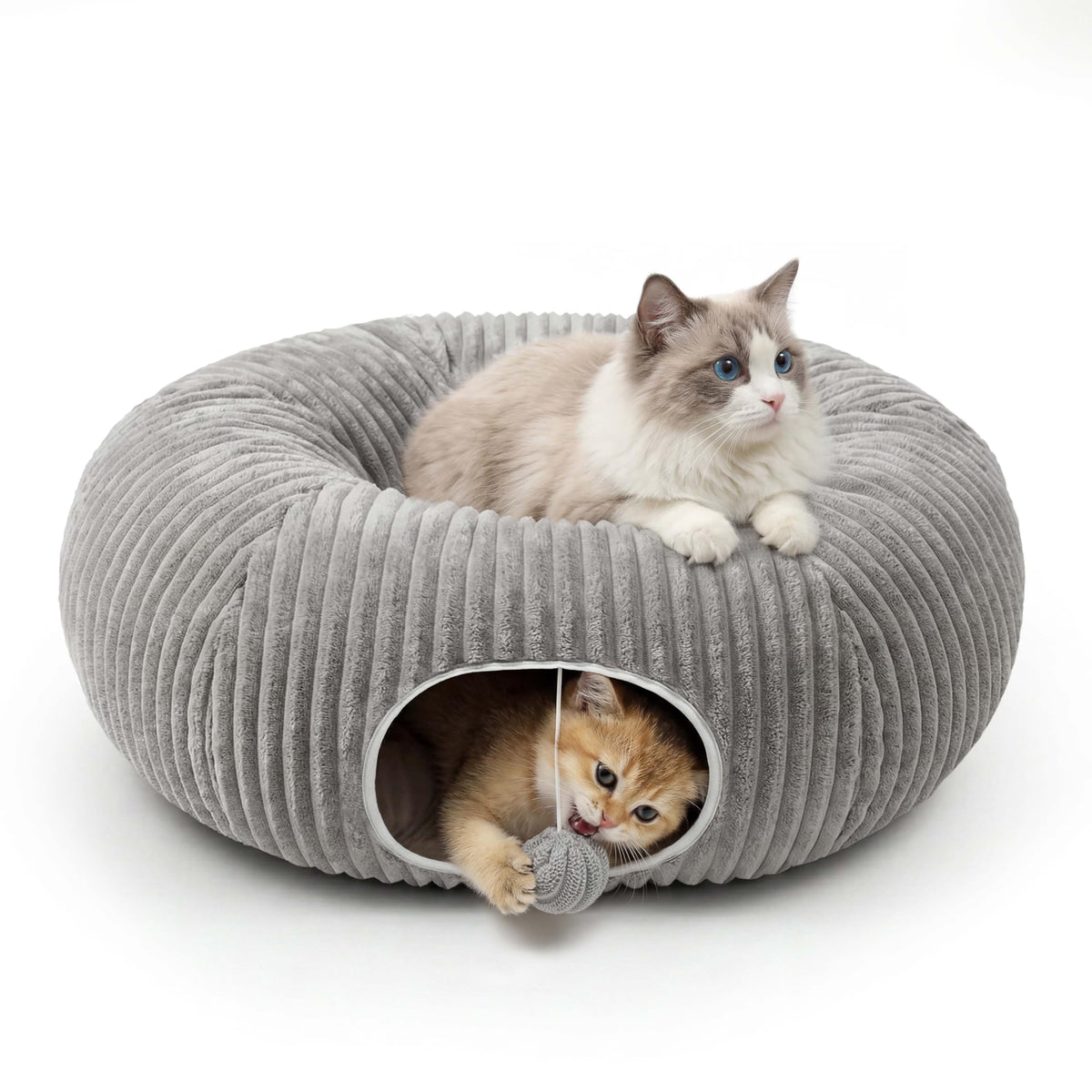 MOYMO front view of grey tunnel bed showing entrances and design, invites play