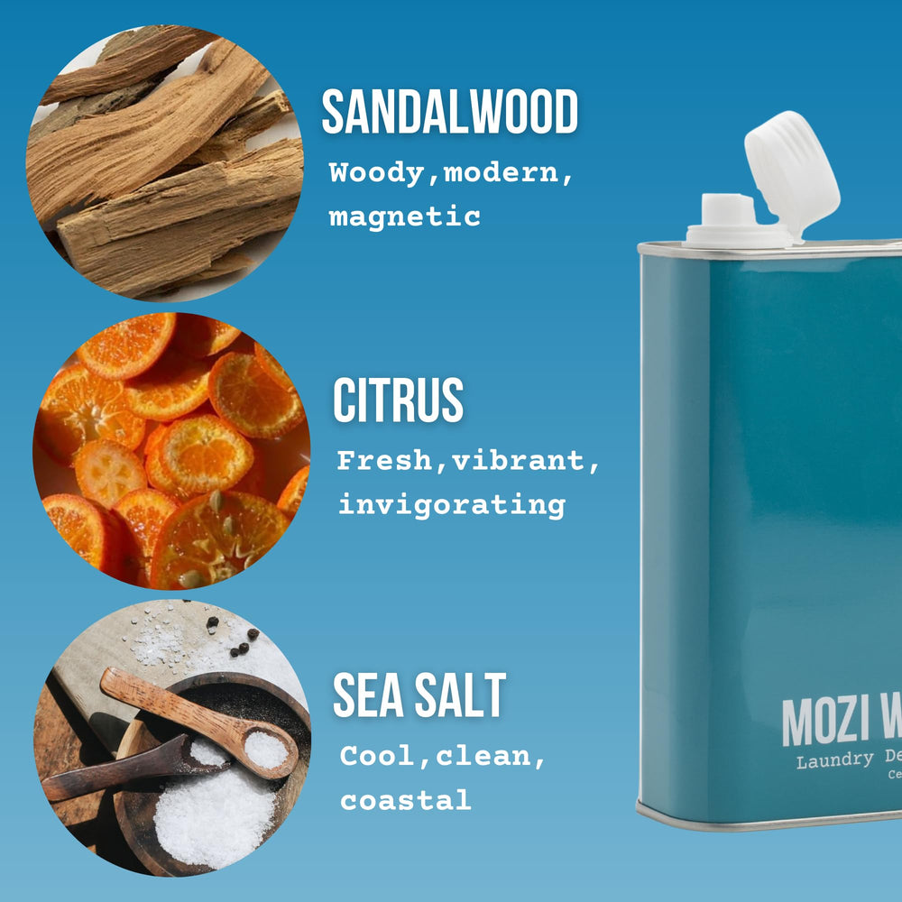 Mozi Wash label detail highlighting sandalwood lavender fragrance notes advantage