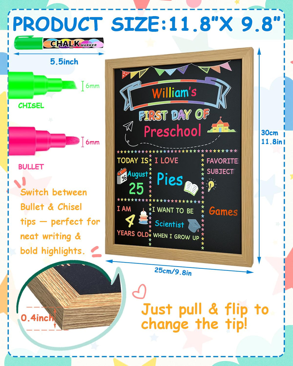 MQJJSM double-sided board open to show writable first and last day sides, versatile