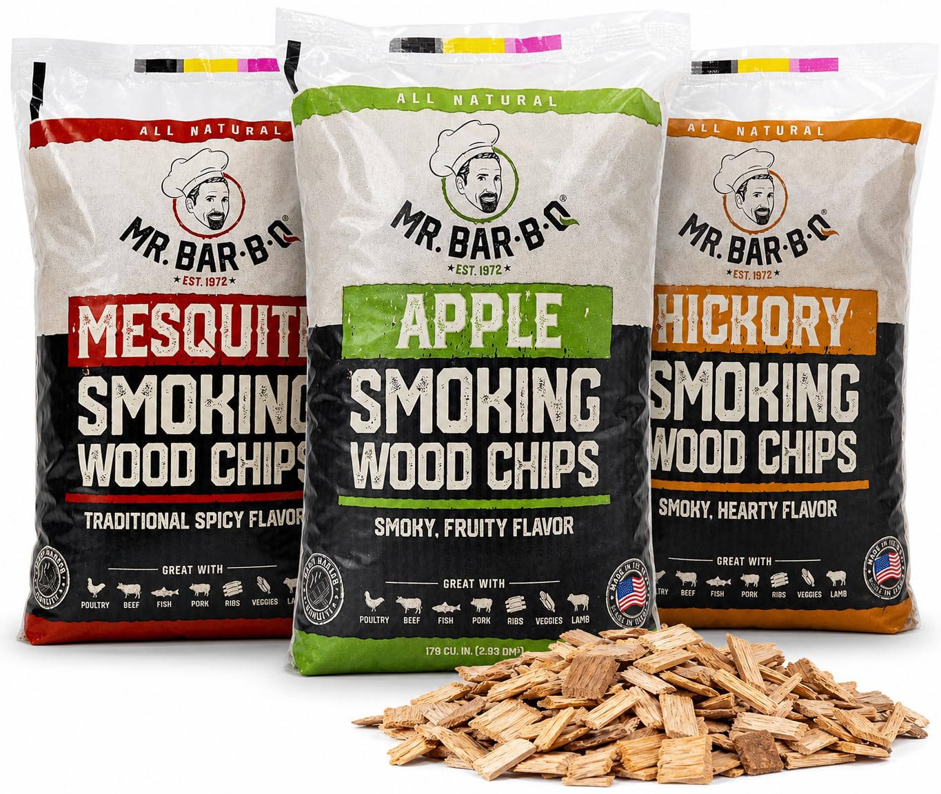 Mr. Bar-B-Q front packaging showing three 1.8 lb bags and clear flavor labeling