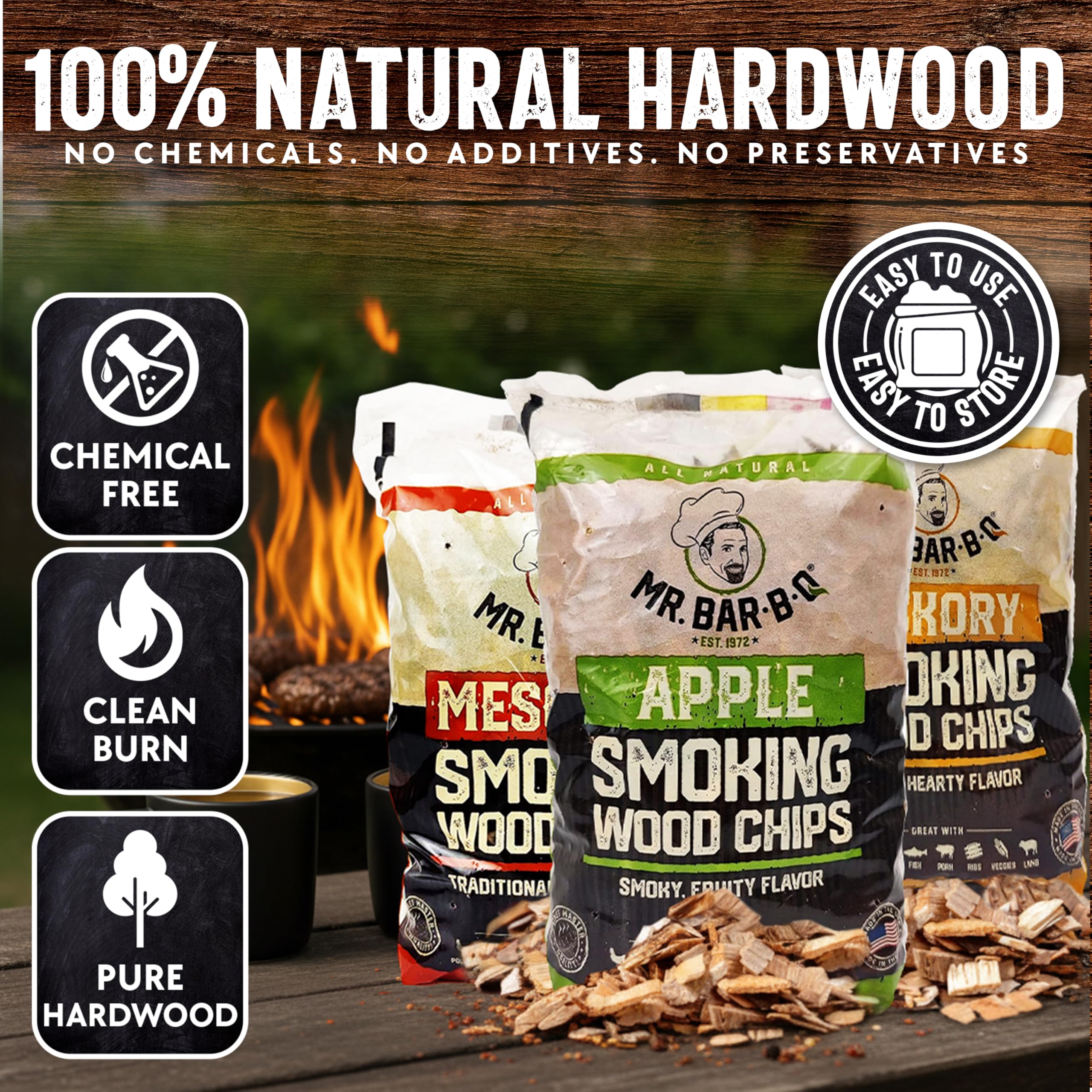 Mr. Bar-B-Q mesquite chips detail highlighting dark edges and bold smoky intensity