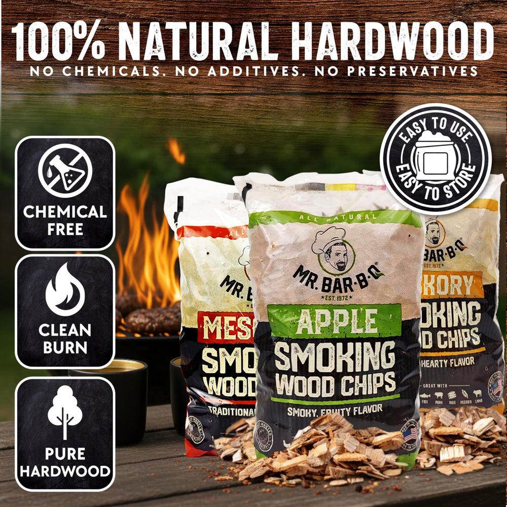 Mr. Bar-B-Q mesquite chips detail highlighting dark edges and bold smoky intensity