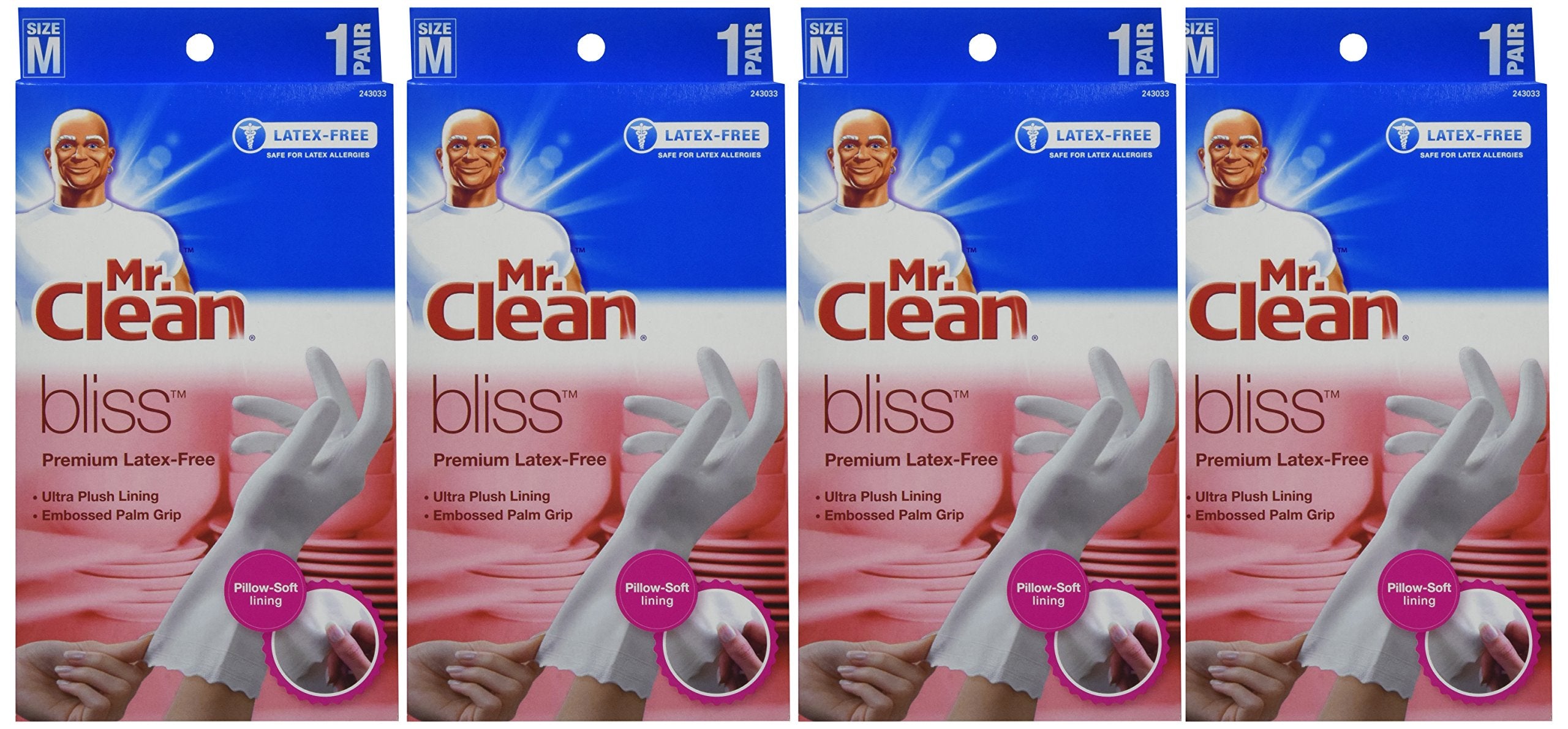 Mr. Clean Bliss front packaging showing 4-pair pack and 12-inch cuff benefit