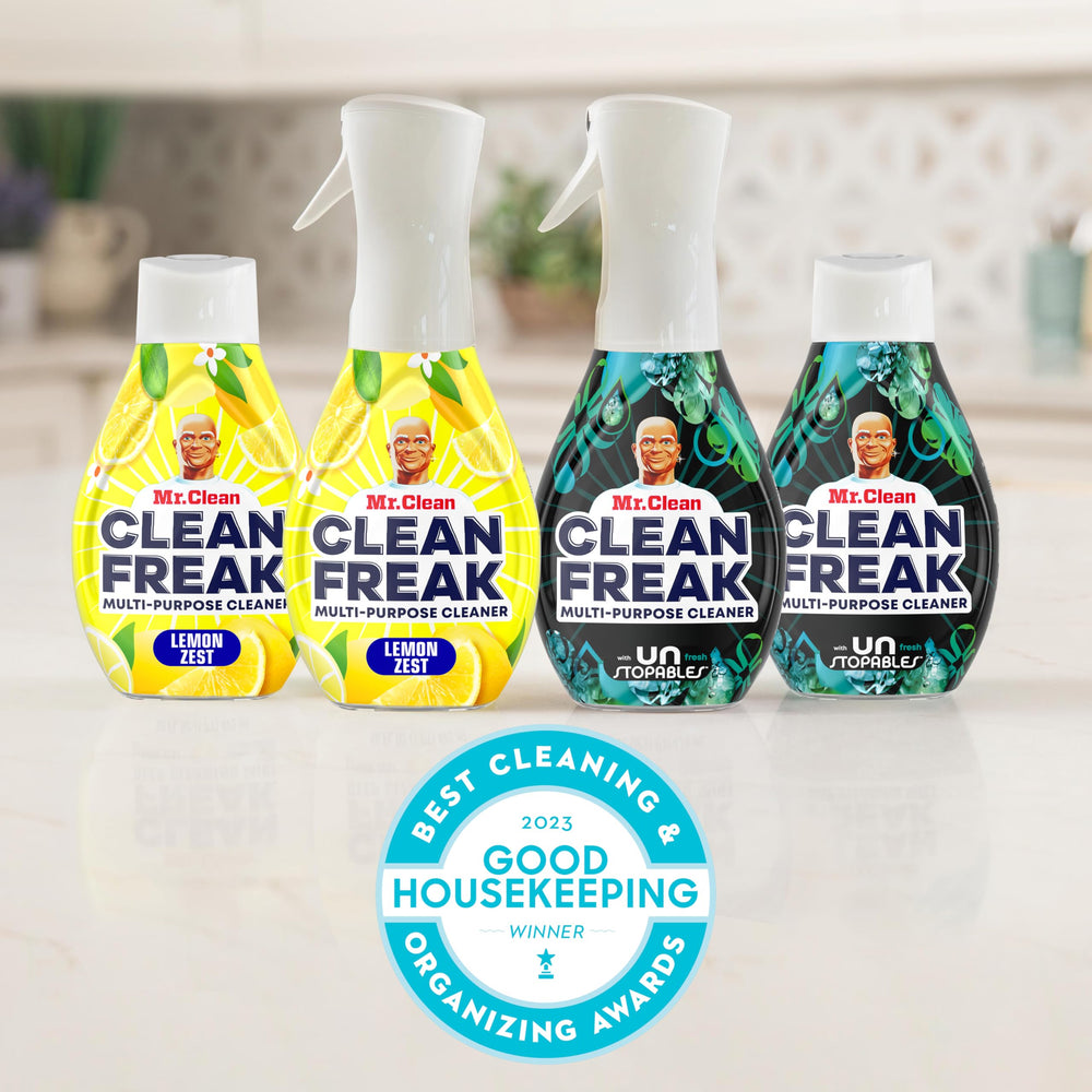 Mr. Clean on bathroom tile showing visible soap scum reduction benefit