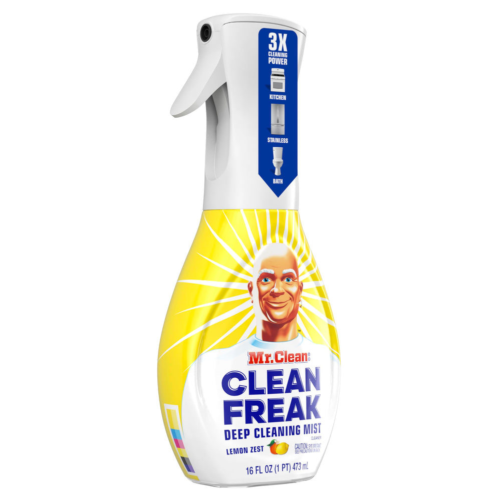 Mr. Clean cleaning a glass stovetop showing streak-free, clear finish