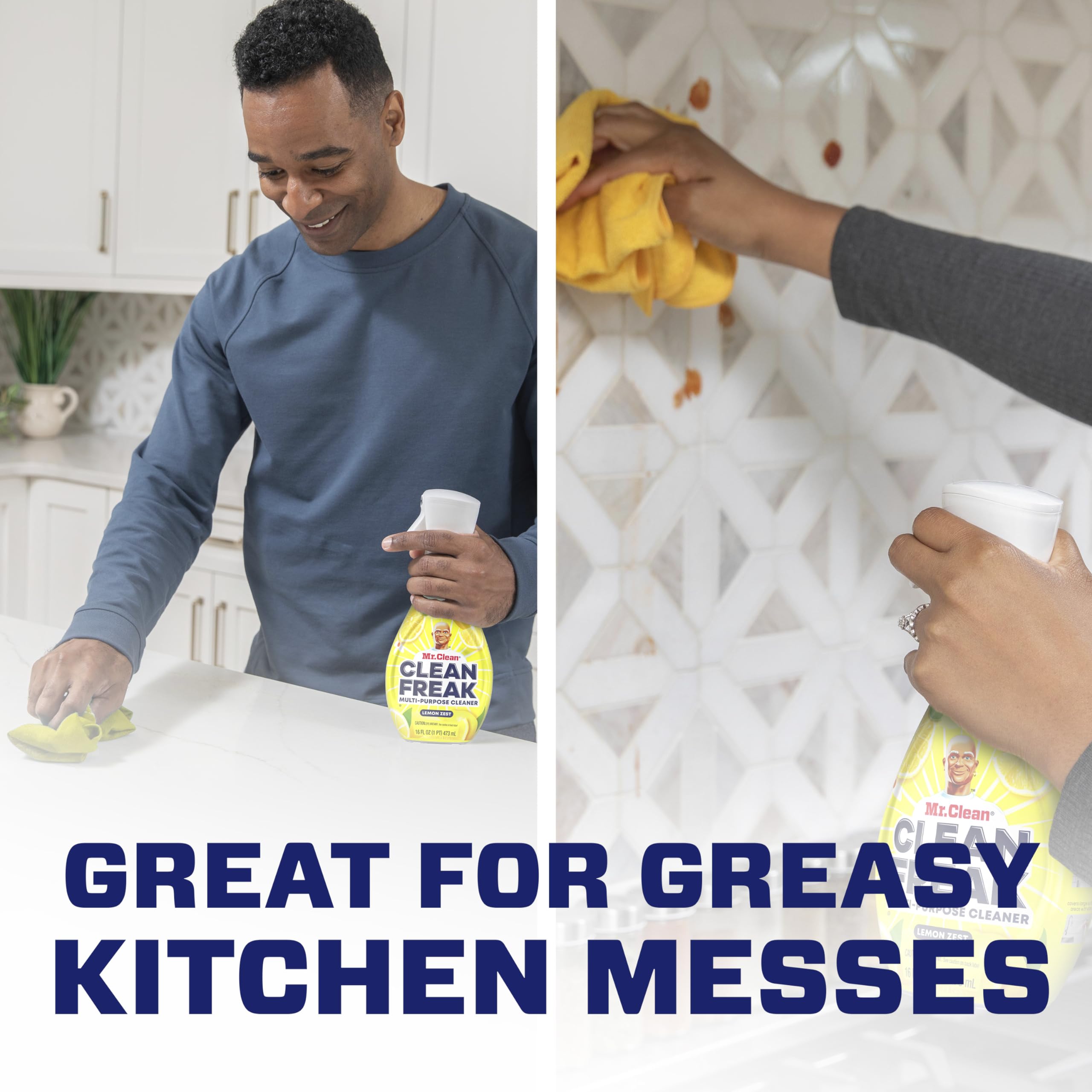 Mr. Clean spray mist action over countertop showing fast-acting grease removal