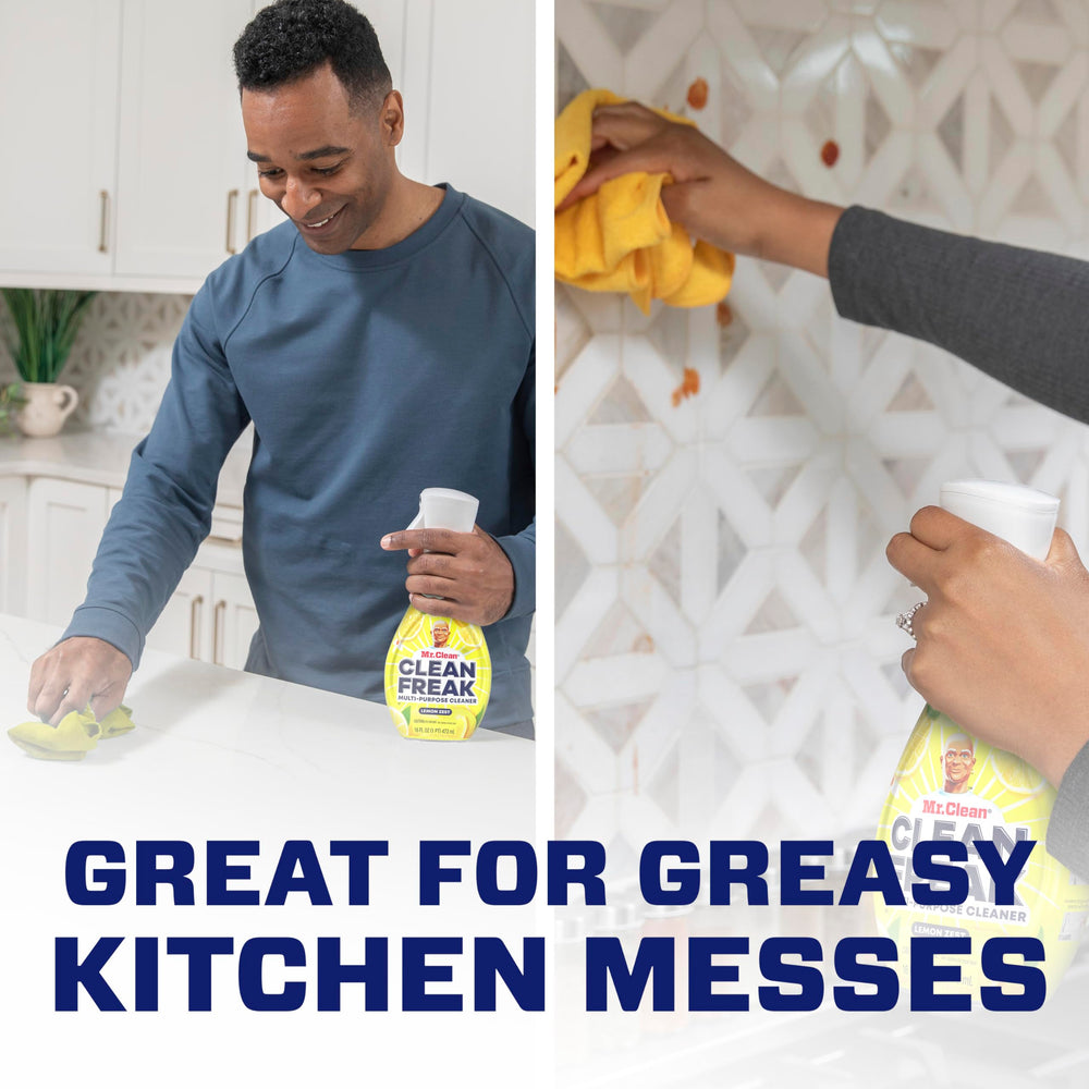 Mr. Clean spray mist action over countertop showing fast-acting grease removal