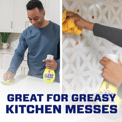 Mr. Clean spray mist action over countertop showing fast-acting grease removal