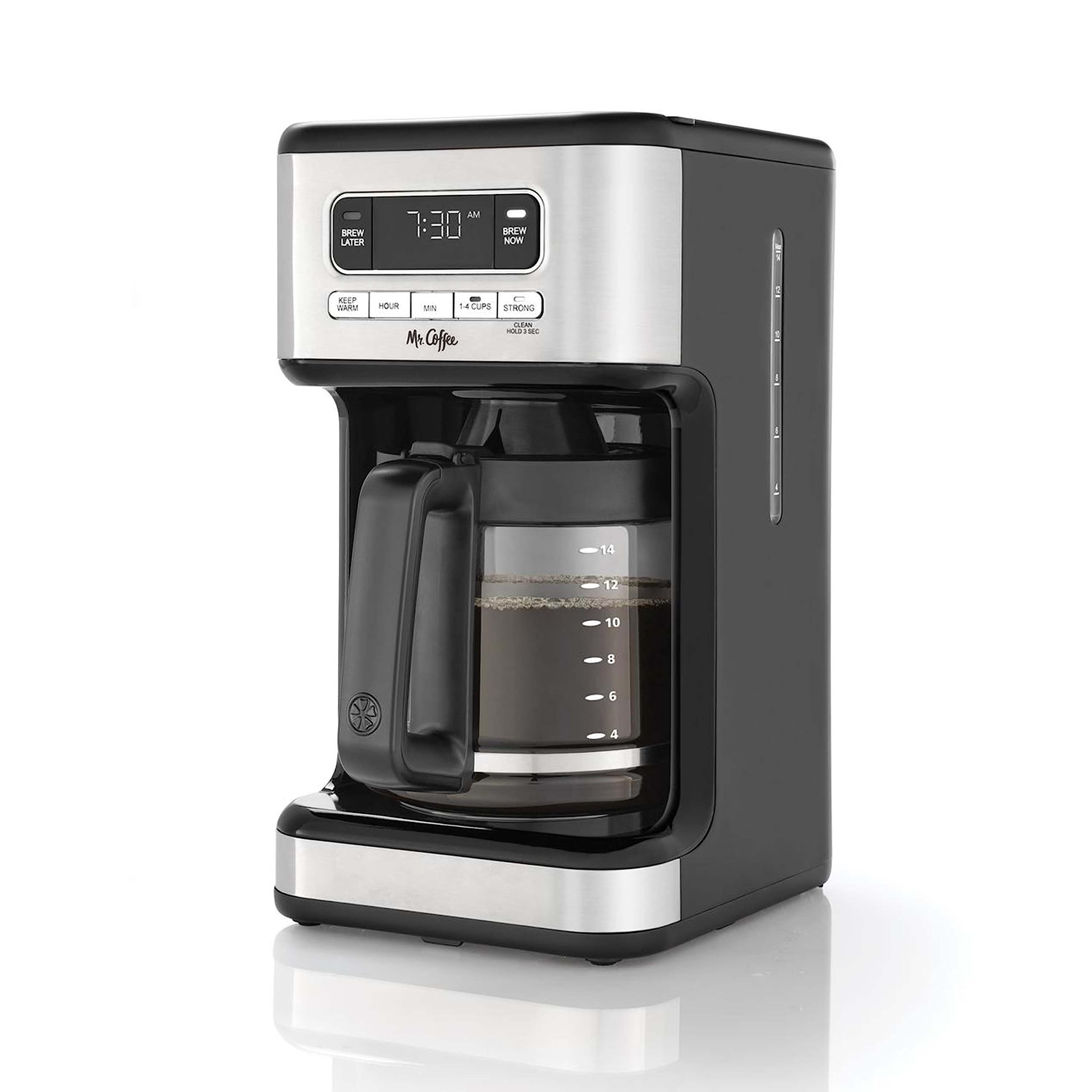 Mr. Coffee front view stainless brewer showing carafe and buttons for convenience