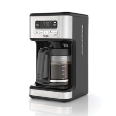 Mr. Coffee front view stainless brewer showing carafe and buttons for convenience