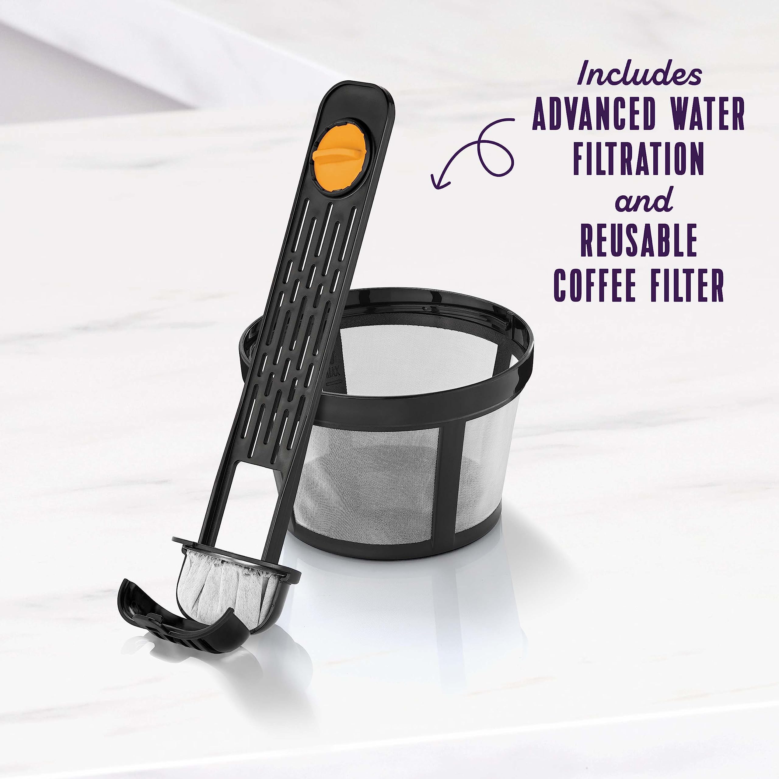 Mr. Coffee next to measuring cup showing 14-cup capacity for serving groups