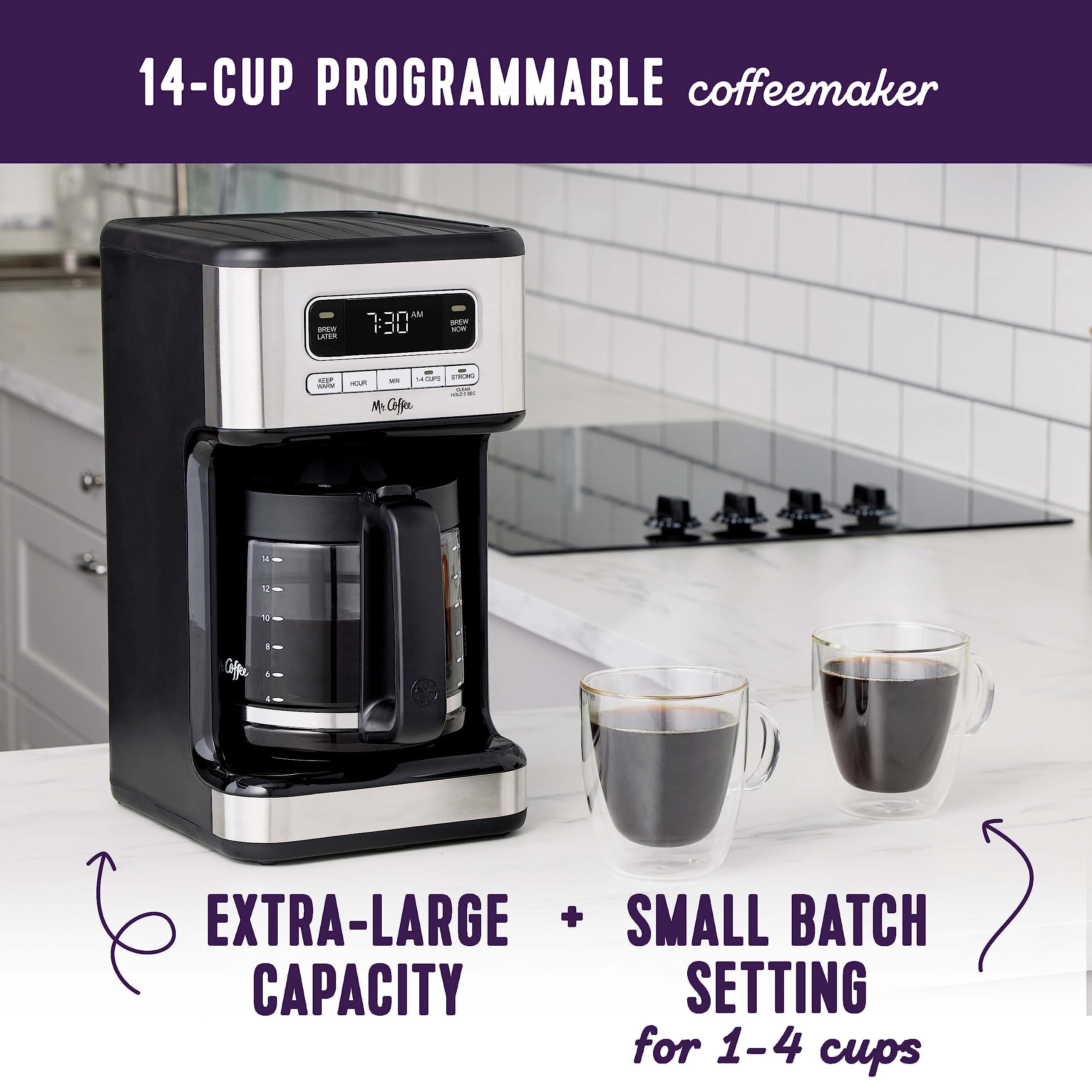 Mr. Coffee stainless carafe close-up highlighting durable finish and easy pour