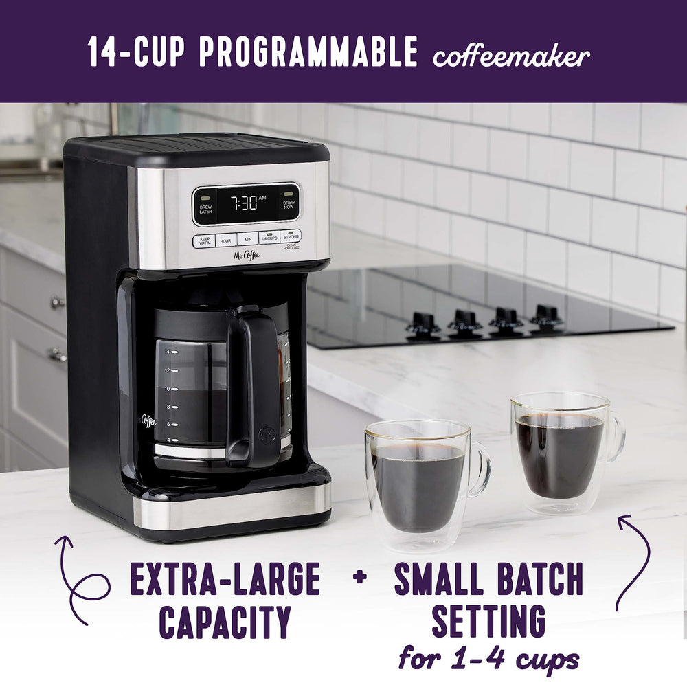 Mr. Coffee stainless carafe close-up highlighting durable finish and easy pour