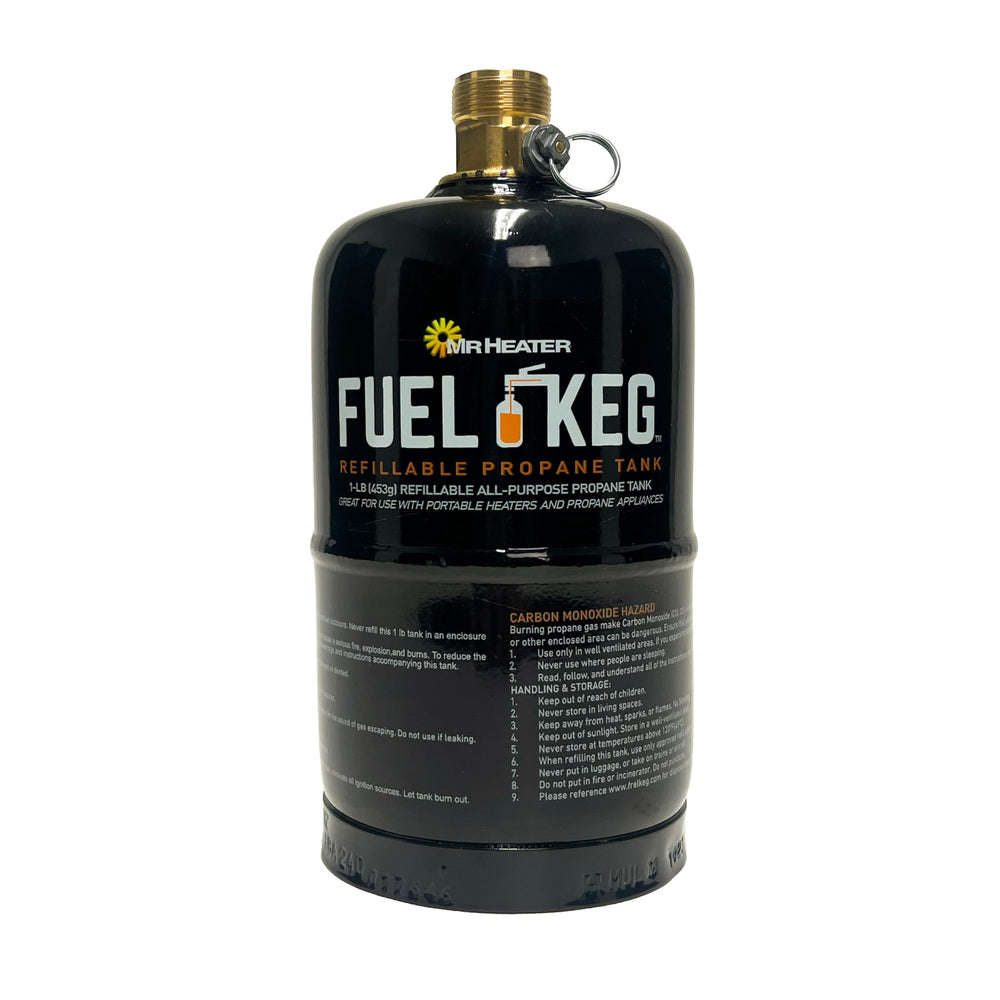 Mr. Heater Fuel Keg front view showing compact reusable propane cylinder for savings