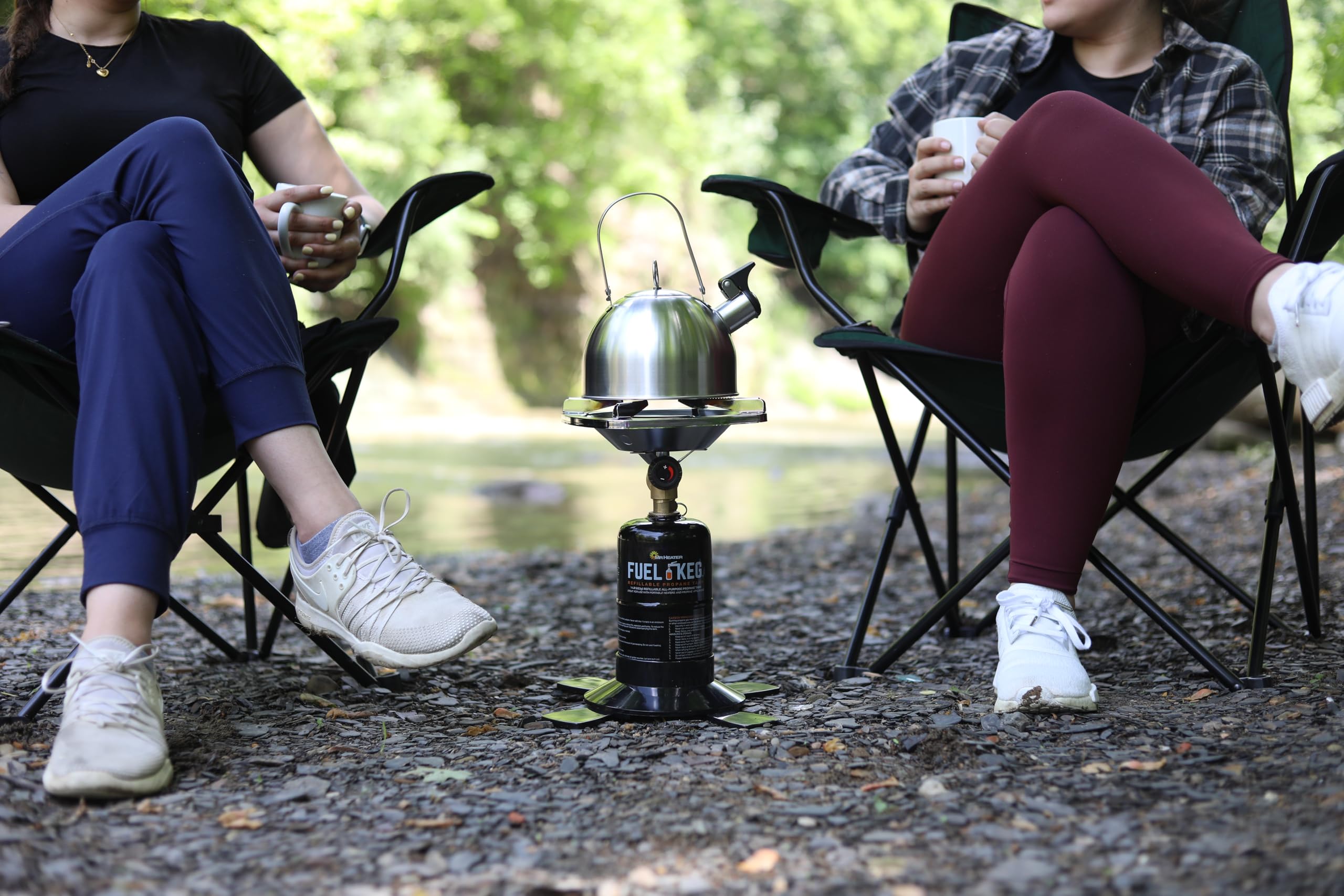 Mr. Heater Fuel Keg attached to a camp stove demonstrating reliable portable cooking