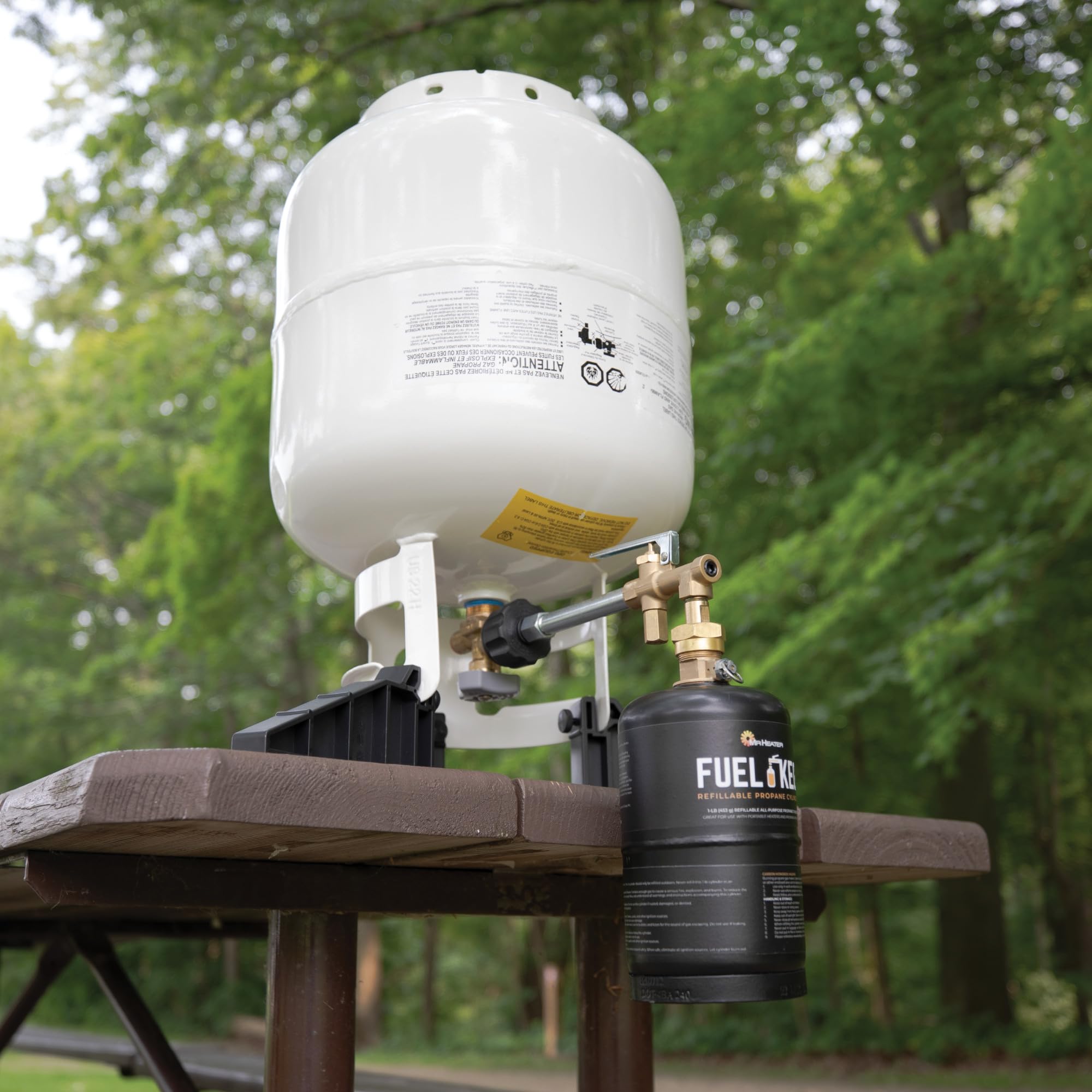 Mr. Heater Fuel Keg packaging label showing product info and refillable benefit