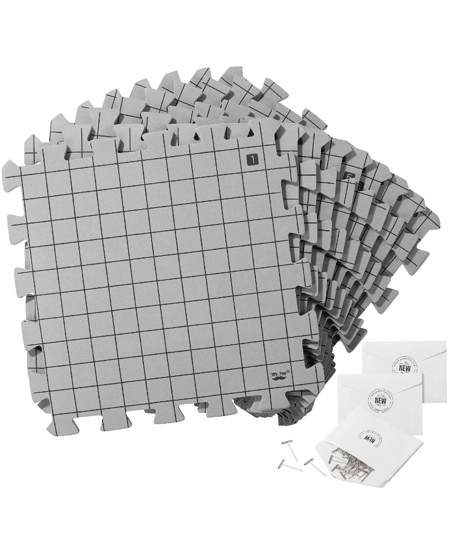 Mr. Pen front packaging showing nine interlocking tiles and 150 T-pins for organized finishing