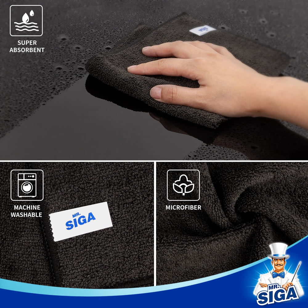 MR.SIGA wiping kitchen counter removing grease and crumbs