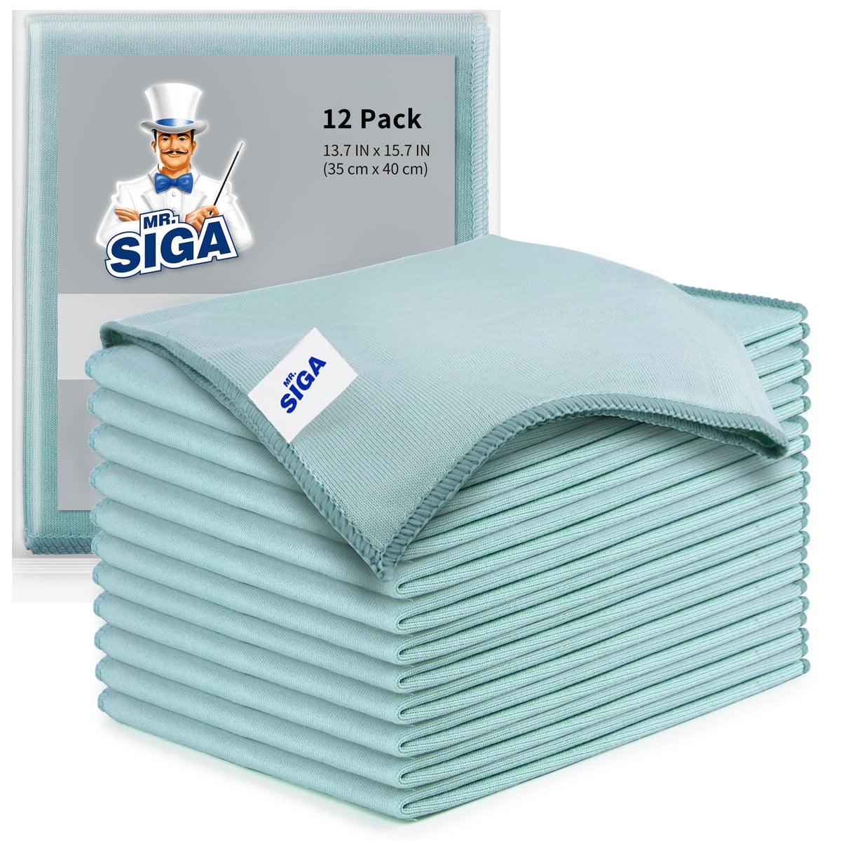 MR.SIGA pack front showing 12 folded microfiber cloths and packaging benefit