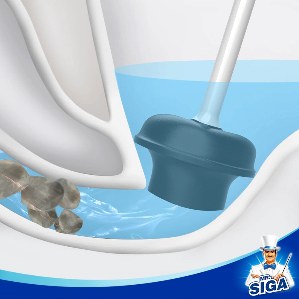 MR.SIGA plunger in use at toilet demonstrating powerful suction and clearing clogs