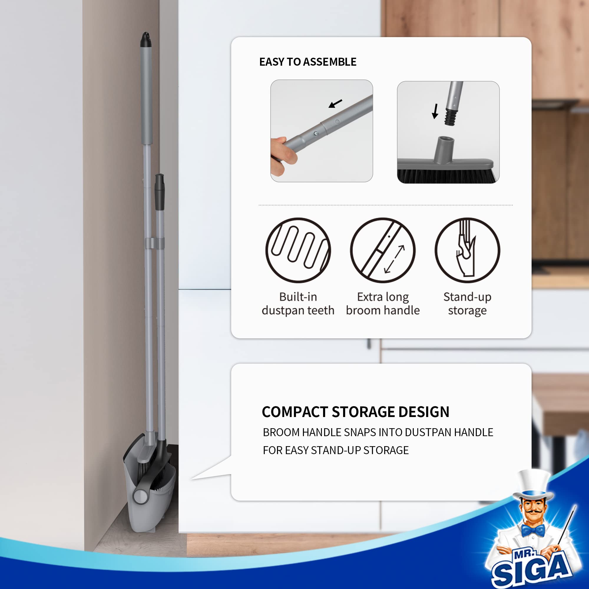 MR.SIGA broom snapped into dustpan demonstrating upright compact storage