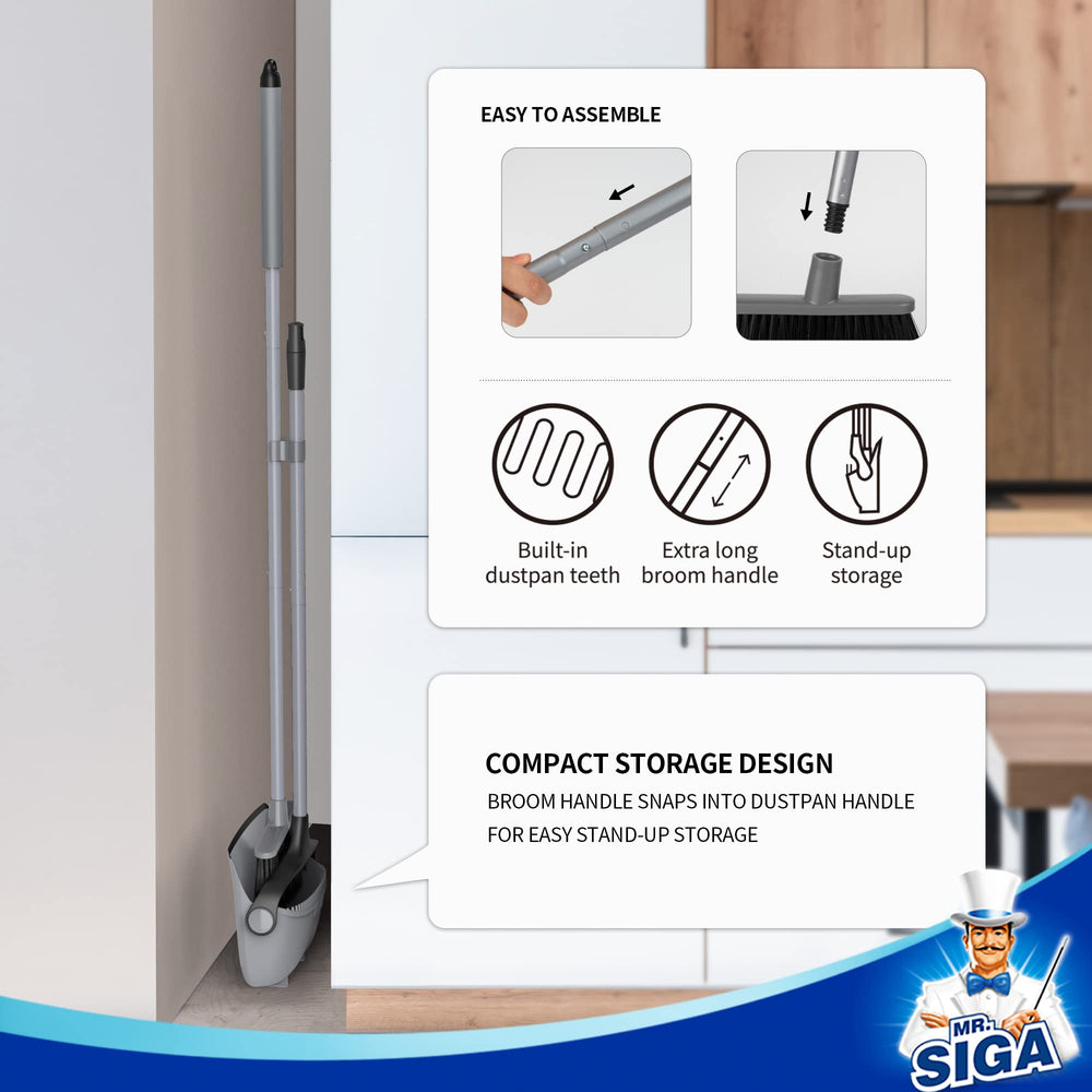 MR.SIGA broom snapped into dustpan demonstrating upright compact storage