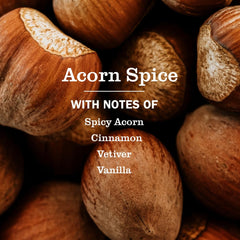 Mrs. MEYER'S label close-up highlighting Acorn Spice scent and ingredient clarity benefit