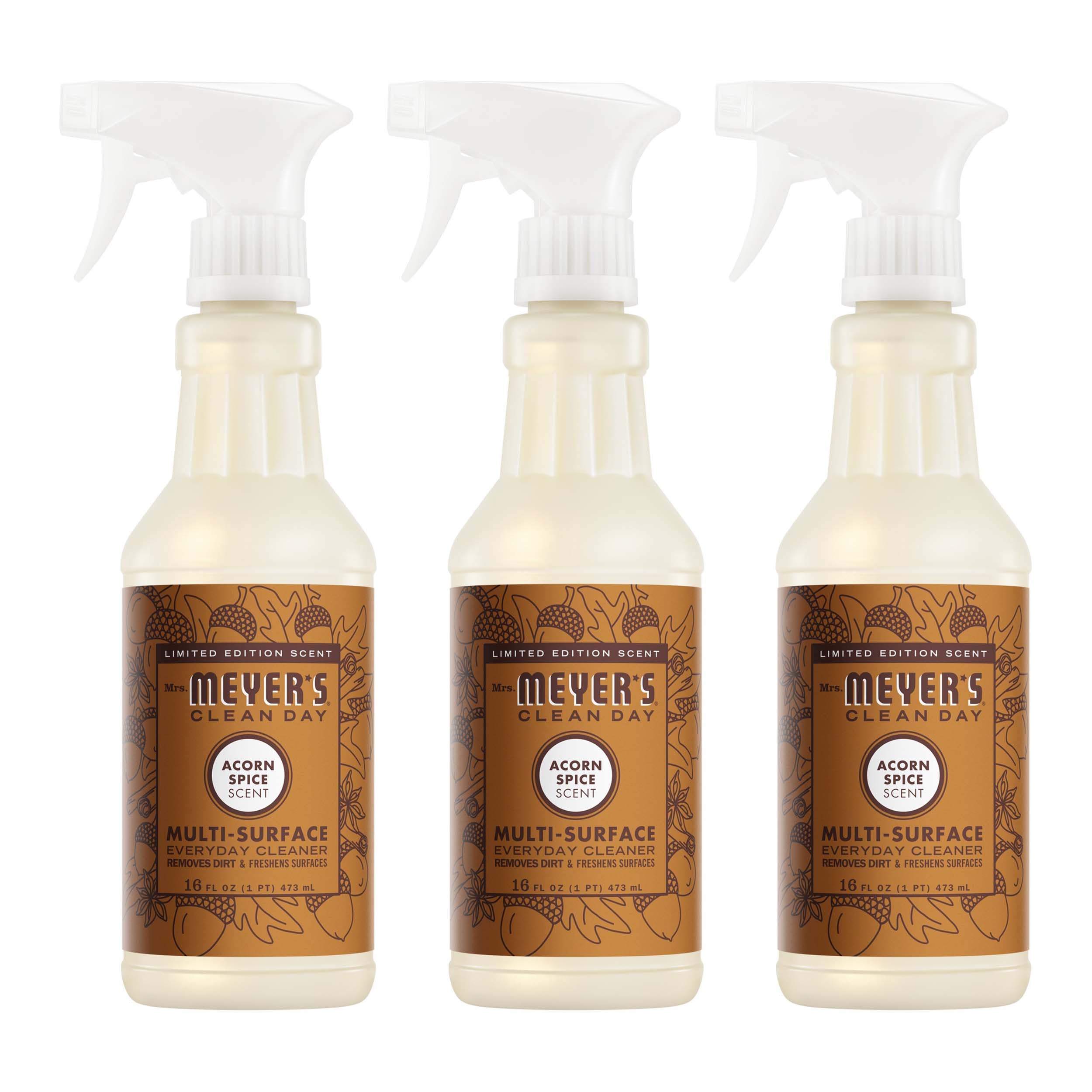 Mrs. MEYER'S front packaging showing three 16 fl oz bottles and scent branding benefit