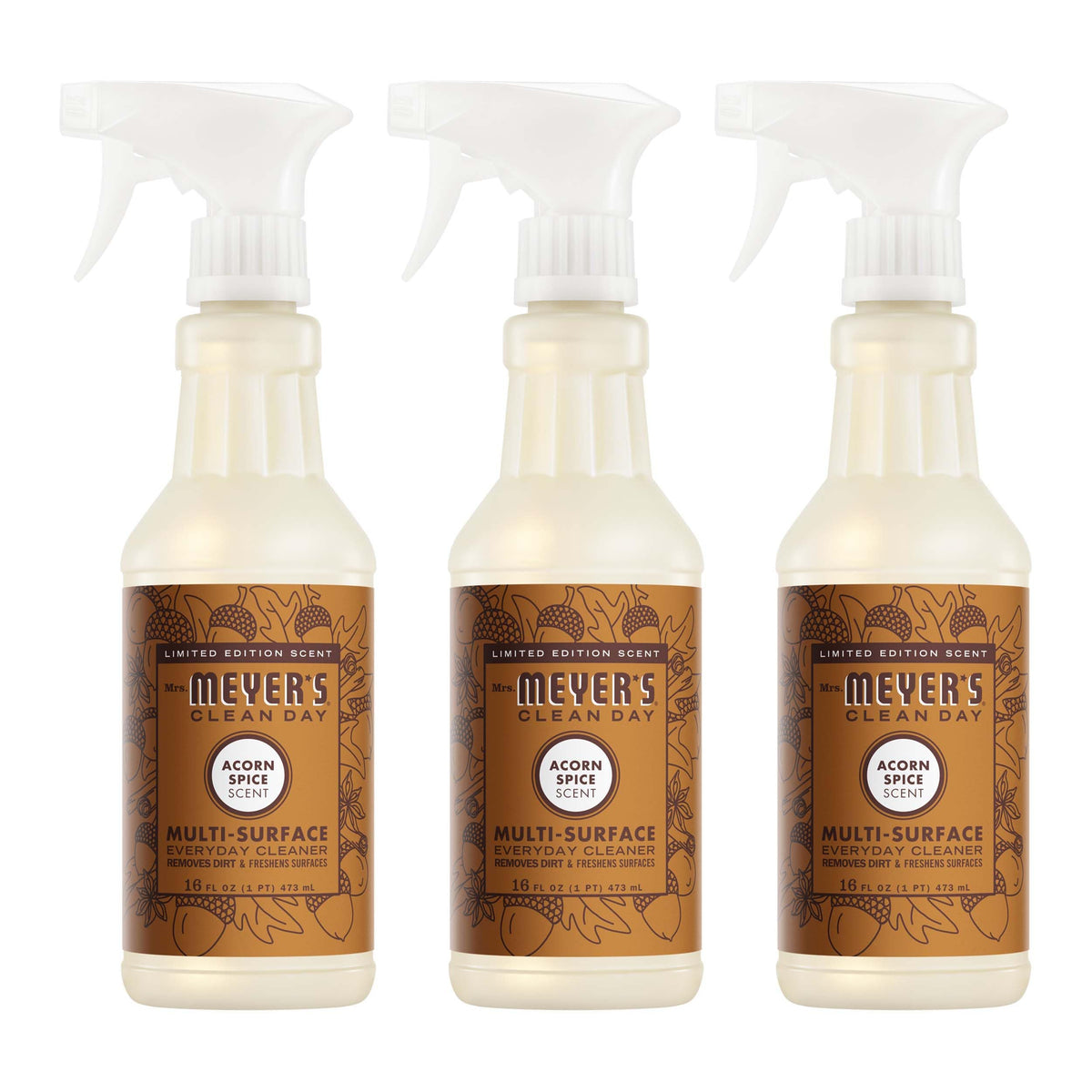 Mrs. MEYER'S front packaging showing three 16 fl oz bottles and scent branding benefit