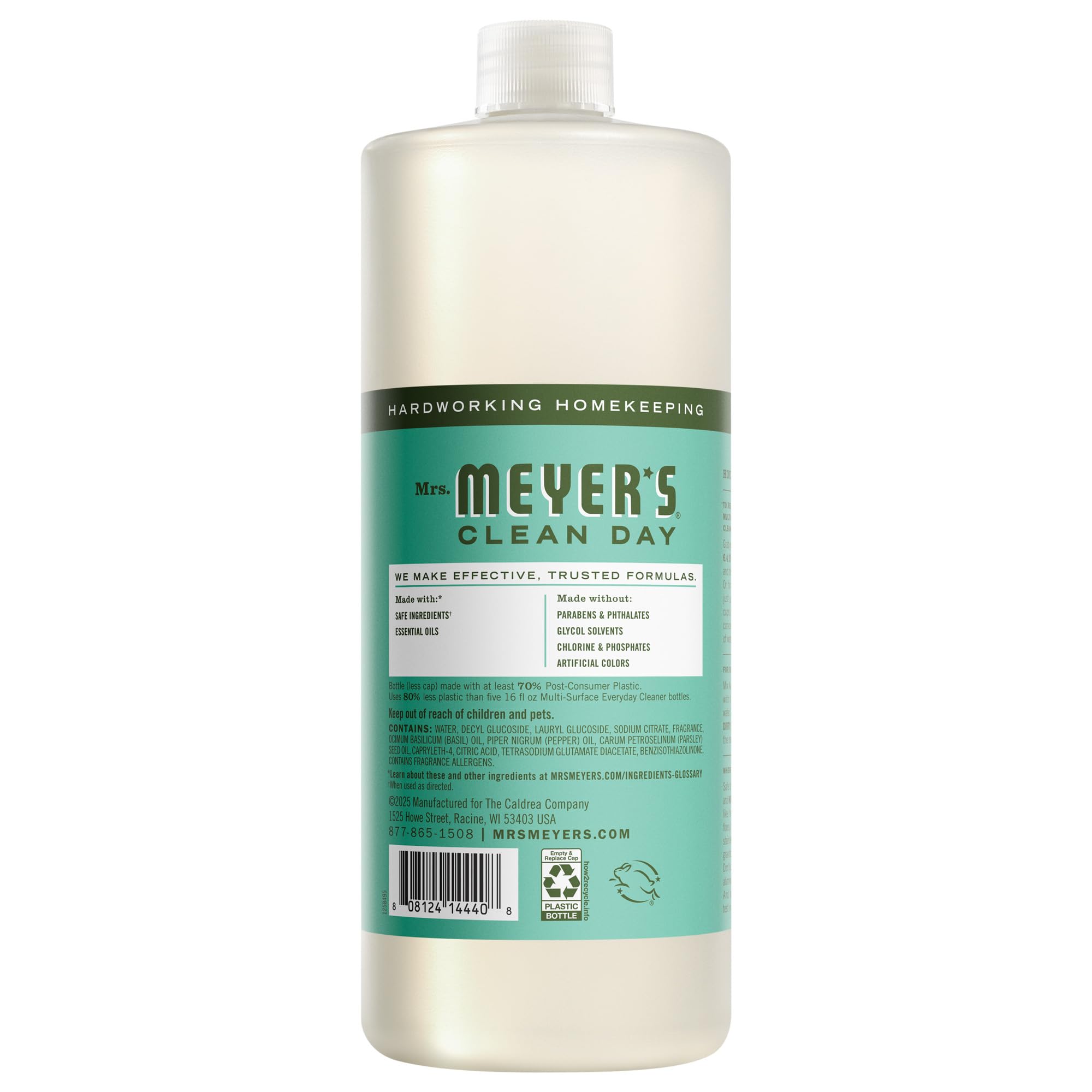 Mrs. MEYER'S label close-up highlighting basil scent and ingredient callouts for informed choices