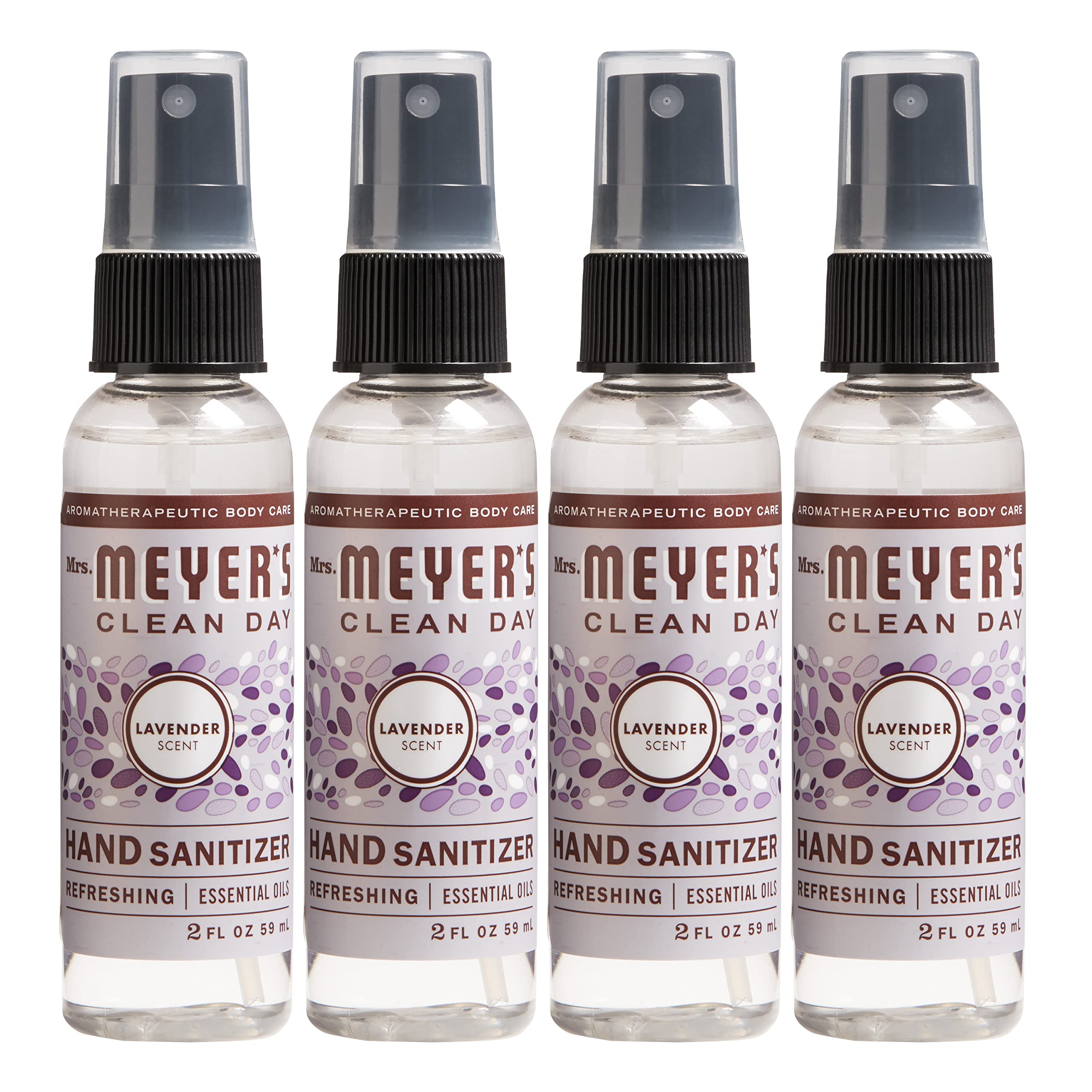 Mrs. Meyer's lavender hand sanitizer front packaging showing four small spray bottles and label benefit
