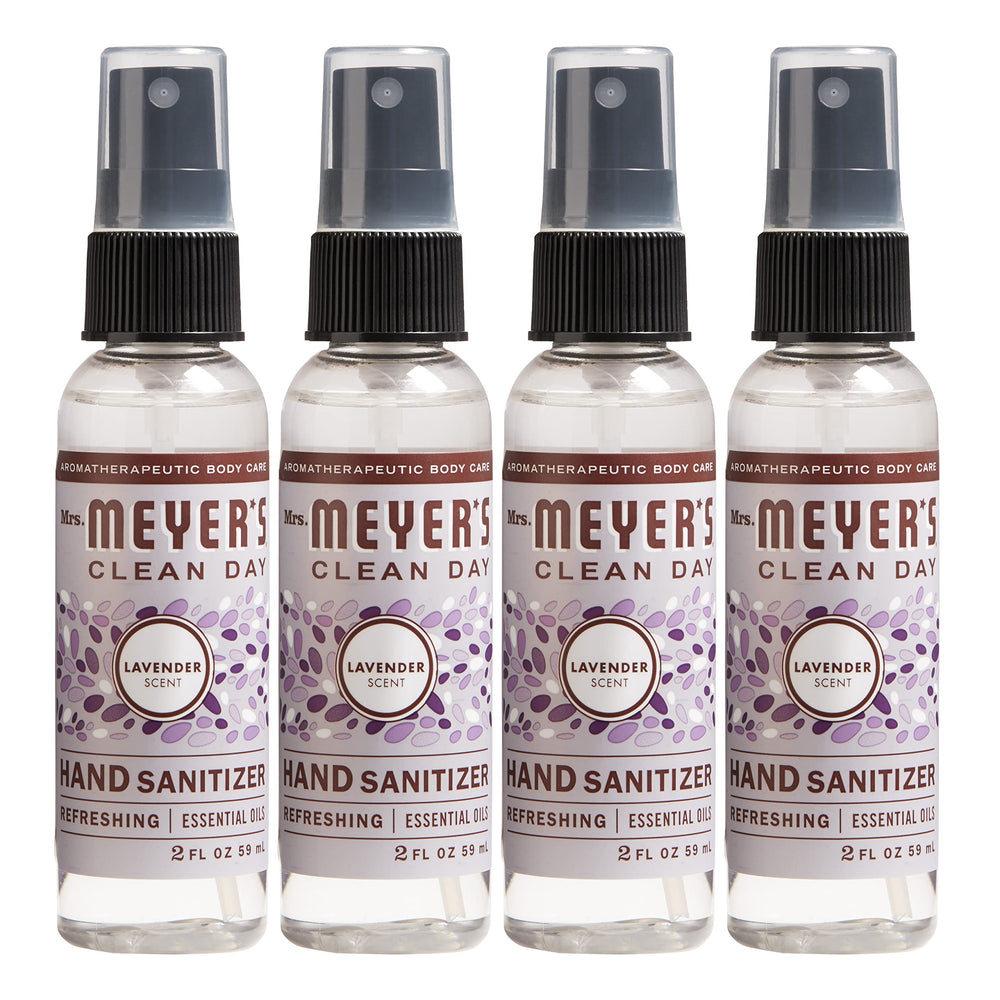 Mrs. Meyer's lavender hand sanitizer front packaging showing four small spray bottles and label benefit