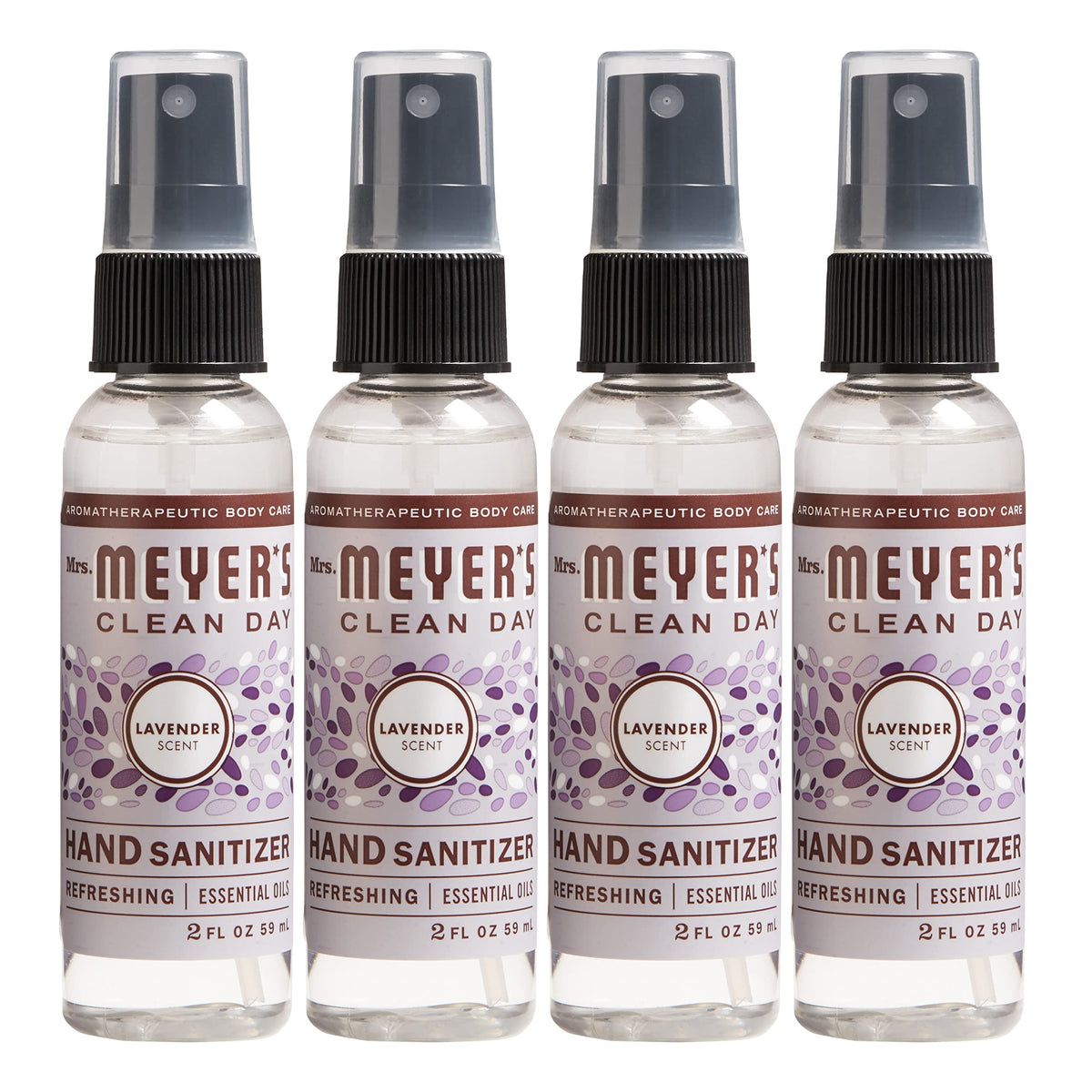Mrs. Meyer's lavender hand sanitizer front packaging showing four small spray bottles and label benefit
