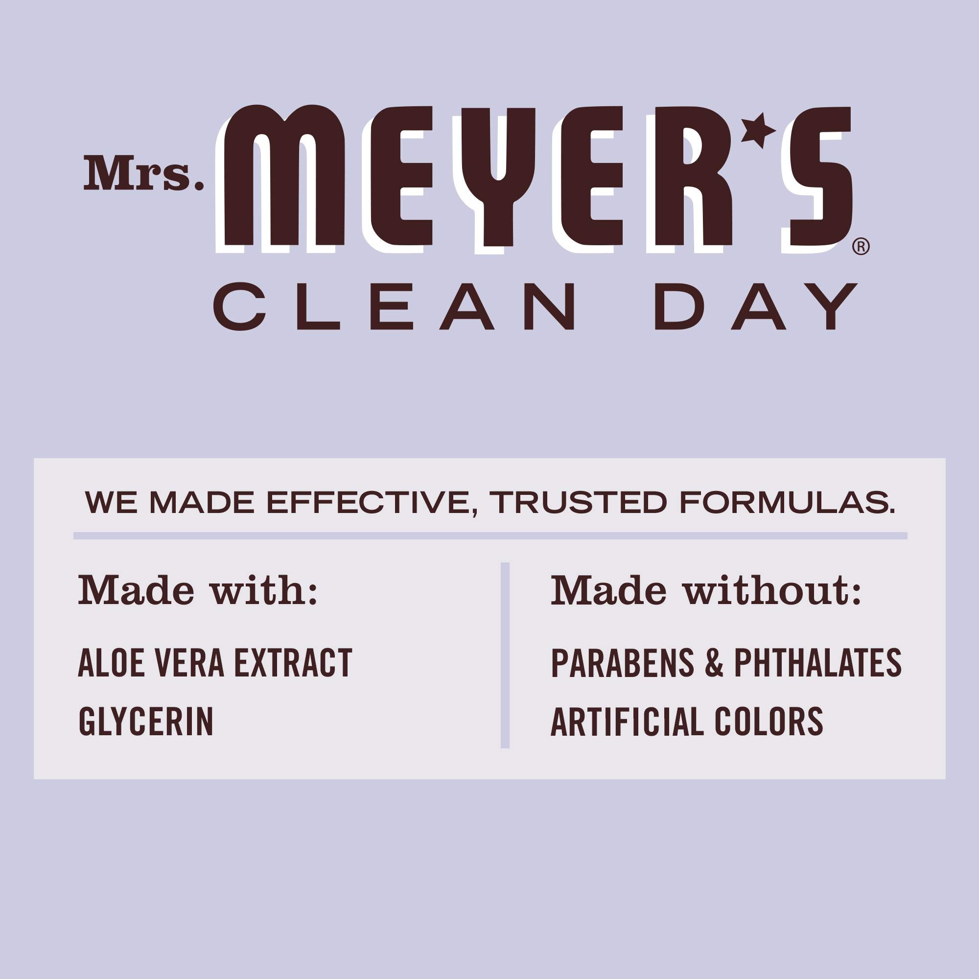 Mrs. Meyer's lavender bottle being used from hand showing easy on-the-go sanitizing benefit