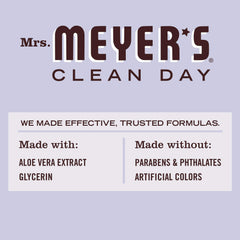 Mrs. Meyer's lavender bottle being used from hand showing easy on-the-go sanitizing benefit