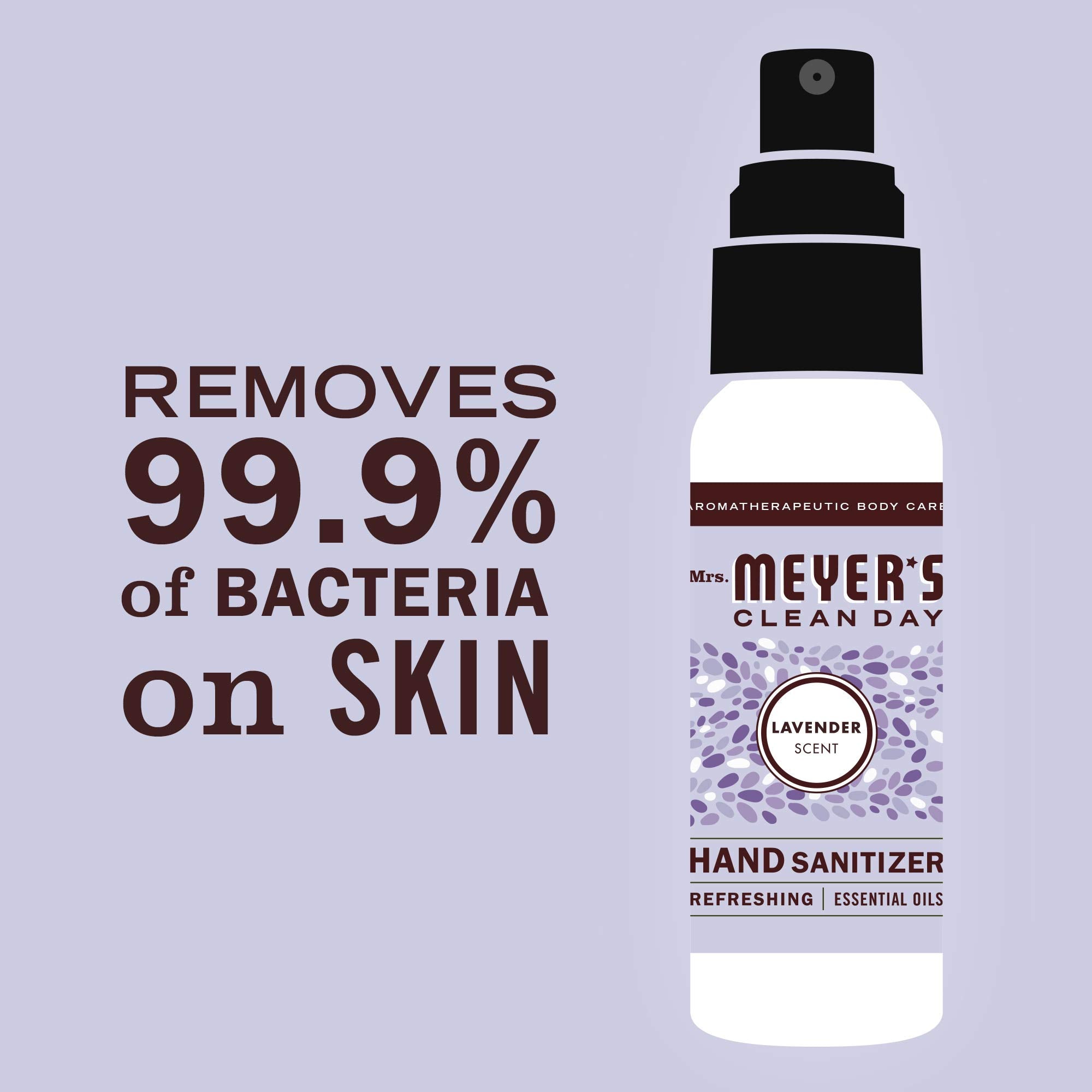 Mrs. Meyer's lavender sanitizer next to a credit card showing compact travel-friendly size