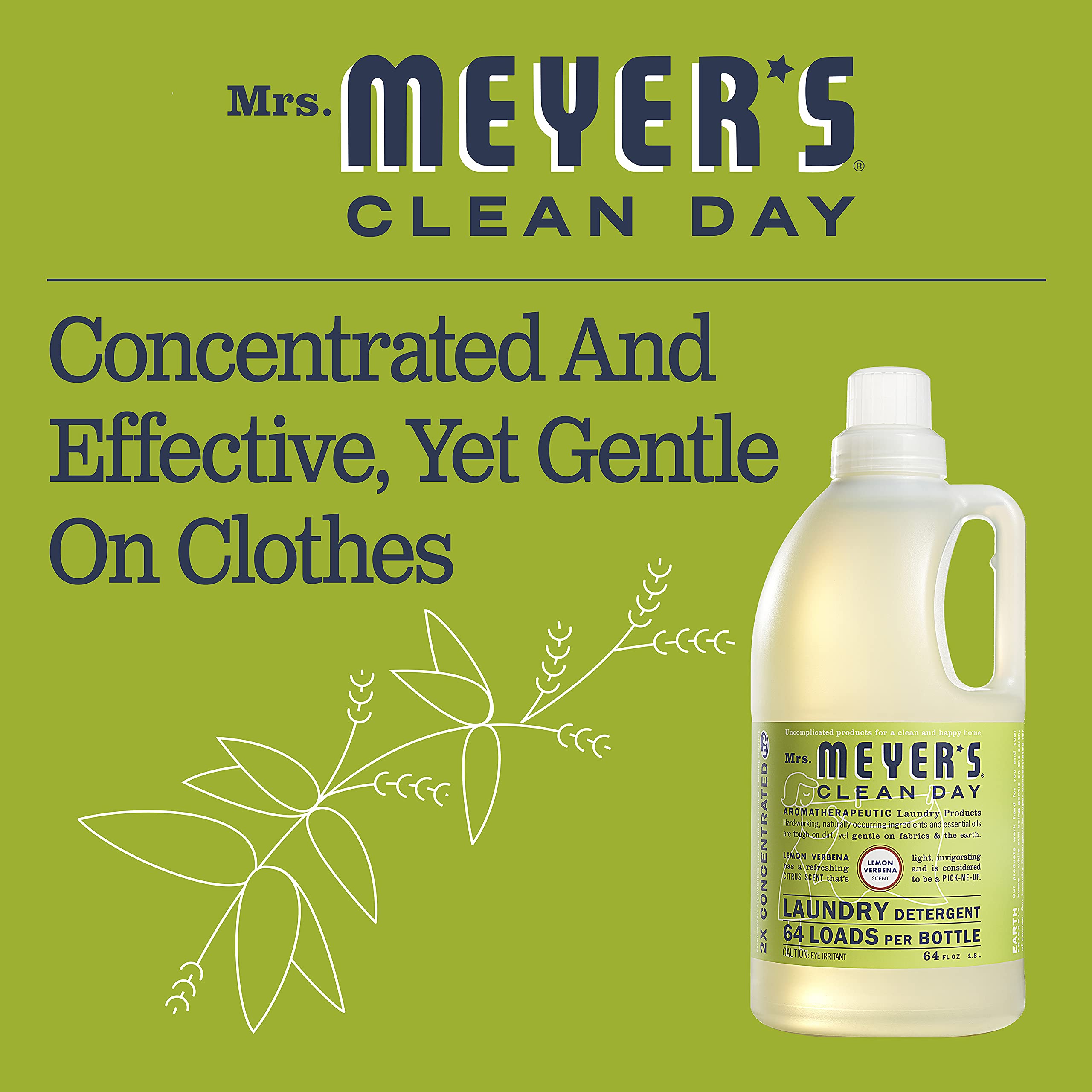 Mrs. MEYER'S bottle beside household items showing scale and long-lasting 64 fl oz capacity