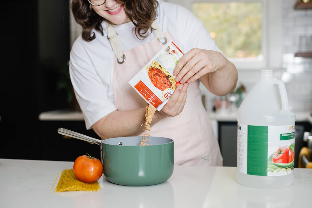 Mrs. Wages sauce frozen in labeled containers showing convenient long-term storage