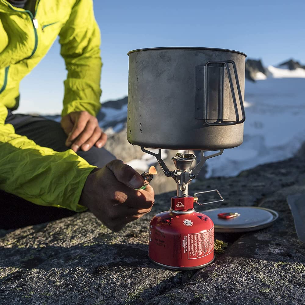 MSR PocketRocket Deluxe with piezo igniter displaying easy one-press lighting