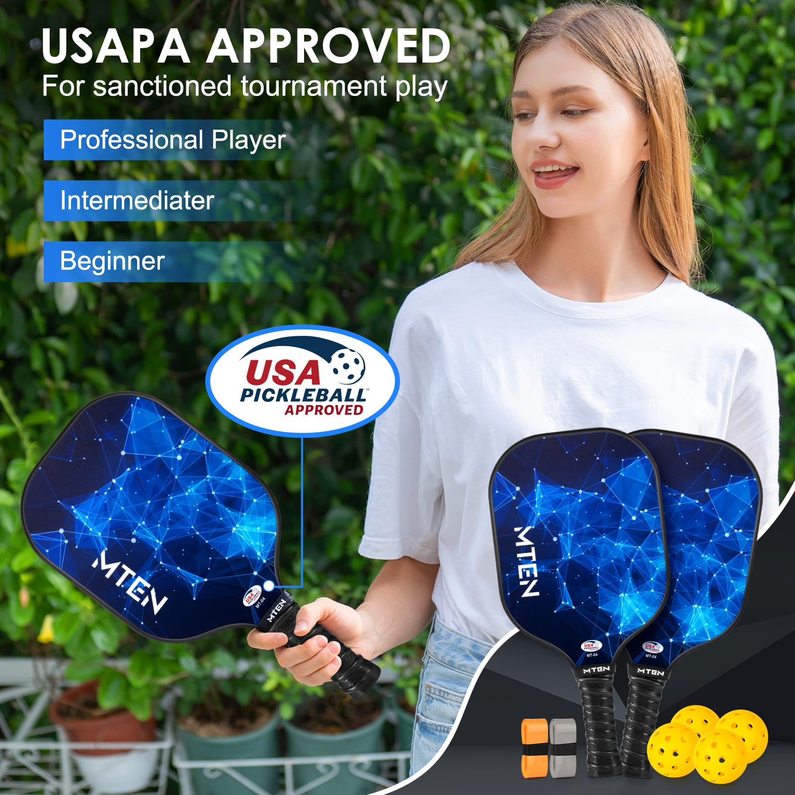 MTEN paddle back label detail showing USAPA approval for tournaments