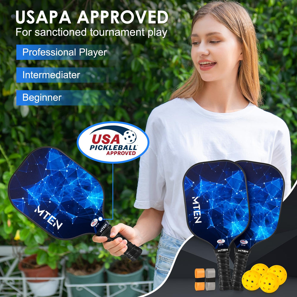 MTEN paddle back label detail showing USAPA approval for tournaments