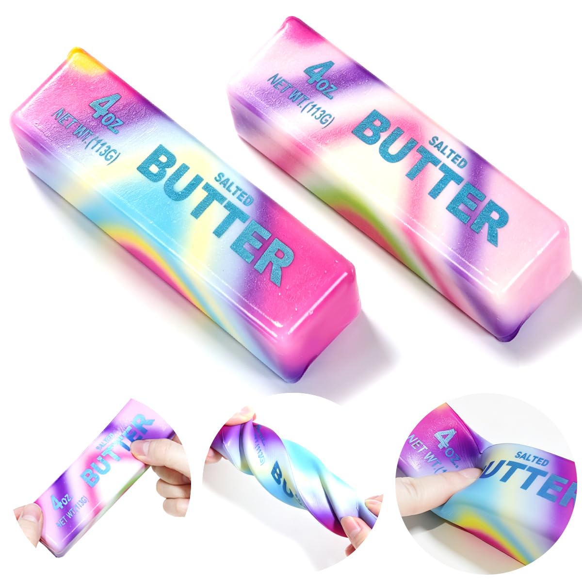 MTHAPJZ front view of rainbow butter stick showing colorful design and novelty appeal