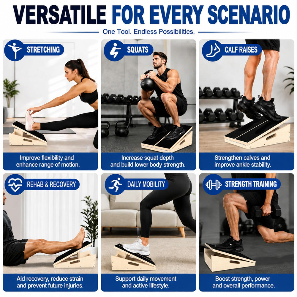 MUCITAGF user performing calf stretch in home gym demonstrating improved mobility
