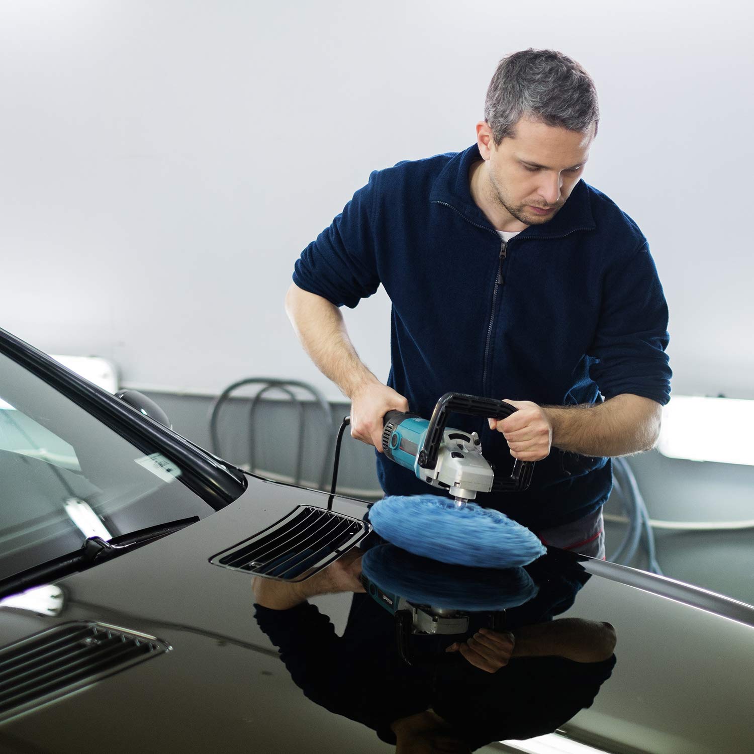 Mudder bonnet on 9–10 inch polisher showing correct size and fit benefit